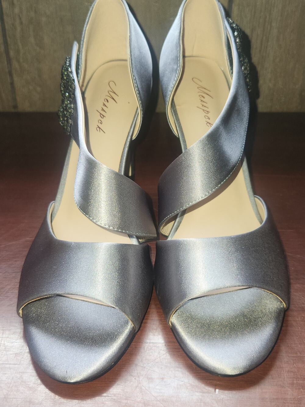 Messpck Pewter Satin Rhinestone Kitten Heel Peep Toe Slides Size 9